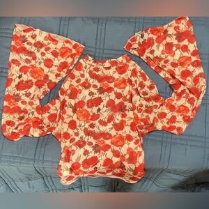 Elegant Mesh Floral Women's Blouse in Orange, Brown and Cream